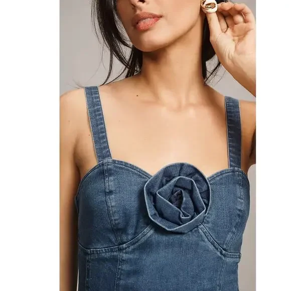 NWT Anthropologie Porridge Rosette Denim Slim Mini Dress $158 XXS Blue Stretchy - Picture 2 of 5